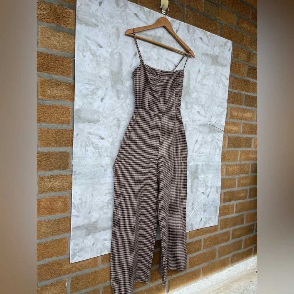 Reformation Overland Linen Jumpsuit In Tartine Check (Brown/Tan Checkered) sz2